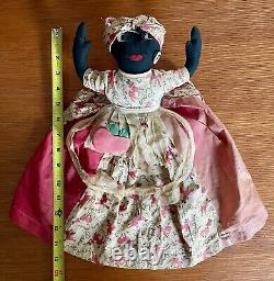 Antique African American Black Cloth Rag Doll Folk Art Peach on Dress Americana