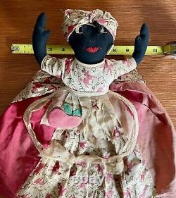Antique African American Black Cloth Rag Doll Folk Art Peach on Dress Americana
