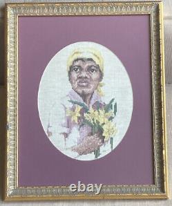 Antique African American Black Woman Lady Crosstitch Needlepoint Framed Artwork