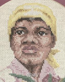 Antique African American Black Woman Lady Crosstitch Needlepoint Framed Artwork