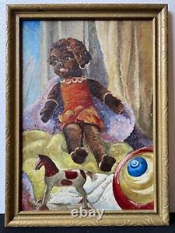 Antique African American Folk Art Black Doll Toy Still Life Oil Painting 1938