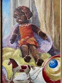 Antique African American Folk Art Black Doll Toy Still Life Oil Painting 1938