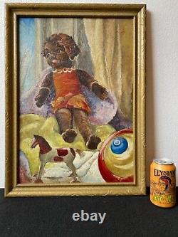 Antique African American Folk Art Black Doll Toy Still Life Oil Painting 1938