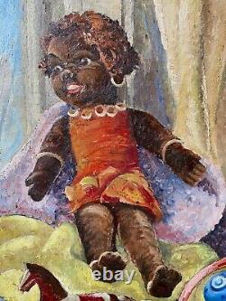 Antique African American Folk Art Black Doll Toy Still Life Oil Painting 1938