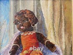 Antique African American Folk Art Black Doll Toy Still Life Oil Painting 1938