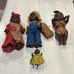Antique African American Mixed Doll Lot Of 4 Wood Composition Bisque Jointed