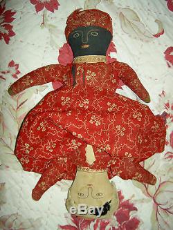 Antique Americana early TOPSY-TURVY African American primitive cloth doll 13.5in