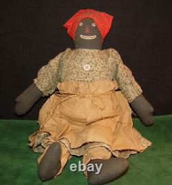 Antique Black African American Handmade Folk Art Rag Doll, Head Scarf & Apron