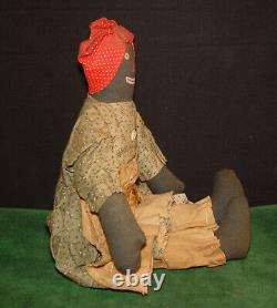 Antique Black African American Handmade Folk Art Rag Doll, Head Scarf & Apron