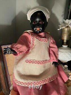 Antique Black Bisque Doll 18 With Rare Square Teeth Original Antique Costume