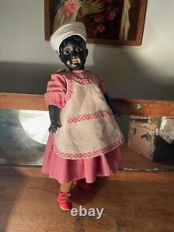 Antique Black Bisque Doll 18 With Rare Square Teeth Original Antique Costume