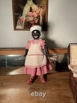 Antique Black Bisque Doll 18 With Rare Square Teeth Original Antique Costume