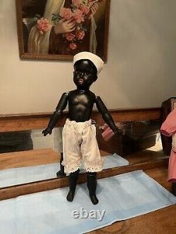 Antique Black Bisque Doll 18 With Rare Square Teeth Original Antique Costume