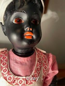 Antique Black Bisque Doll 18 With Rare Square Teeth Original Antique Costume