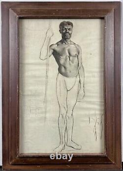 Antique Circa 1900 Academic Drawing Study of Nude African American Man, Framed