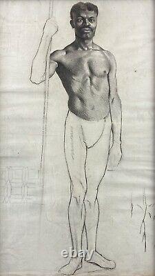 Antique Circa 1900 Academic Drawing Study of Nude African American Man, Framed