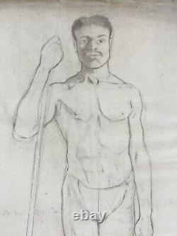 Antique Circa 1900 Academic Drawing Study of Nude African American Man, Framed