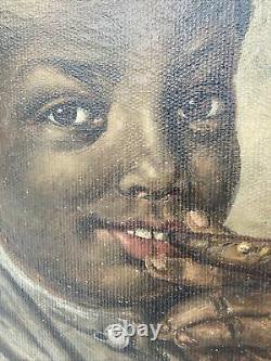 Antique Oil Painting Black Boy Smoking Cigar African American Portrait Dog