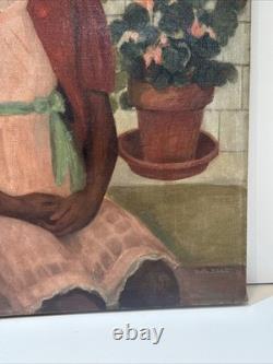 Antique Painting Black Girl Young Woman African American Oil Signed Ruth 24 Inch