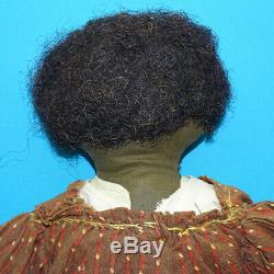 Antique Primitive Black Americana Cloth Doll Embroidered Face Brown Calico Dress