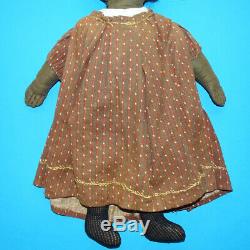 Antique Primitive Black Americana Cloth Doll Embroidered Face Brown Calico Dress