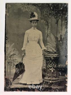 Antique Tintype Photo Beautiful Black African American Woman Hat Parasol Fashion