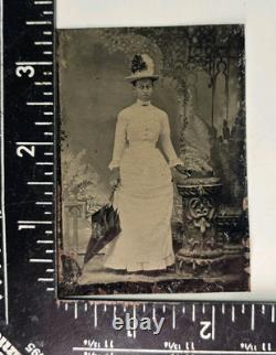 Antique Tintype Photo Beautiful Black African American Woman Hat Parasol Fashion