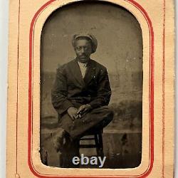 Antique Tintype Photograph Handsome African American Black Man Mustache Cap