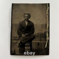 Antique Tintype Photograph Handsome African American Black Man Mustache Cap