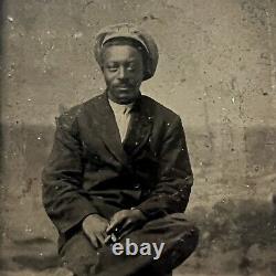 Antique Tintype Photograph Handsome African American Black Man Mustache Cap