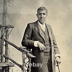 Antique Tintype Photograph Handsome Young Dapper Black African American Man Cane
