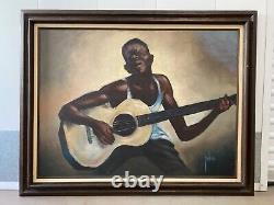 Antique Vintage Mid Century Black African American Blues Oil Painting, 1960s
