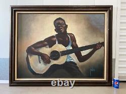 Antique Vintage Mid Century Black African American Blues Oil Painting, 1960s