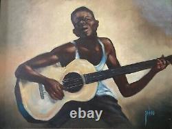 Antique Vintage Mid Century Black African American Blues Oil Painting, 1960s