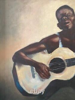 Antique Vintage Mid Century Black African American Blues Oil Painting, 1960s