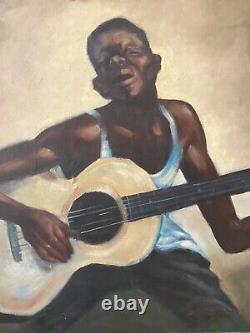 Antique Vintage Mid Century Black African American Blues Oil Painting, 1960s