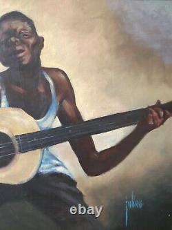 Antique Vintage Mid Century Black African American Blues Oil Painting, 1960s