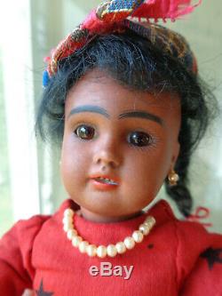 Antique doll black doll brown bisque with pearl earrings very cute girl