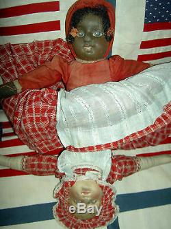 BABYLAND RAG Antique cloth black Americana TOPSY-TURVY 2-sided rare doll 12