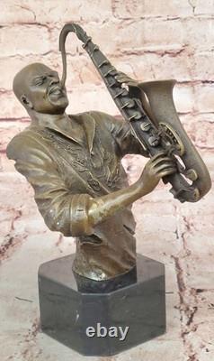 Black African American Saxaphone Player Jazz Musician Bronze Marble Statue 10
