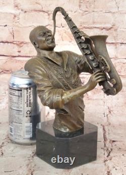 Black African American Saxaphone Player Jazz Musician Bronze Marble Statue 10