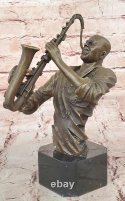 Black African American Saxaphone Player Jazz Musician Bronze Marble Statue 10