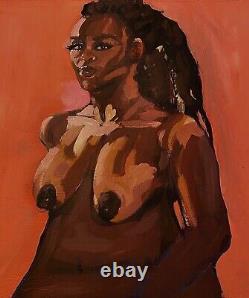Black African-American Young Nude Woman Portrait Acrylic Medium Large Painting