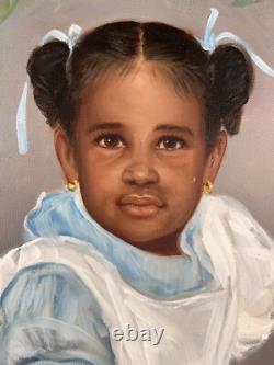 Black Americana Young Girl Portrait Vintage 90s African American Oil Painting