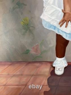 Black Americana Young Girl Portrait Vintage 90s African American Oil Painting