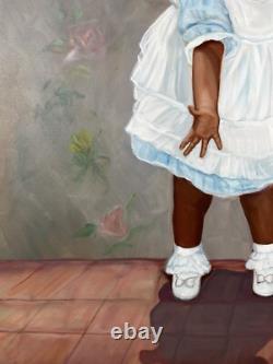 Black Americana Young Girl Portrait Vintage 90s African American Oil Painting