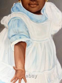 Black Americana Young Girl Portrait Vintage 90s African American Oil Painting