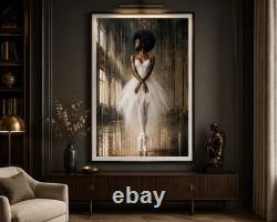 Black Ballerina in White Satin Paper Print, Elegant African American Ballet Danc