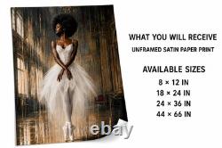 Black Ballerina in White Satin Paper Print, Elegant African American Ballet Danc
