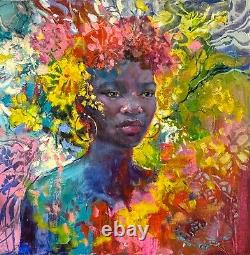 Black Girl Original Oil Painting, Forest Beauty Portrait African American Art